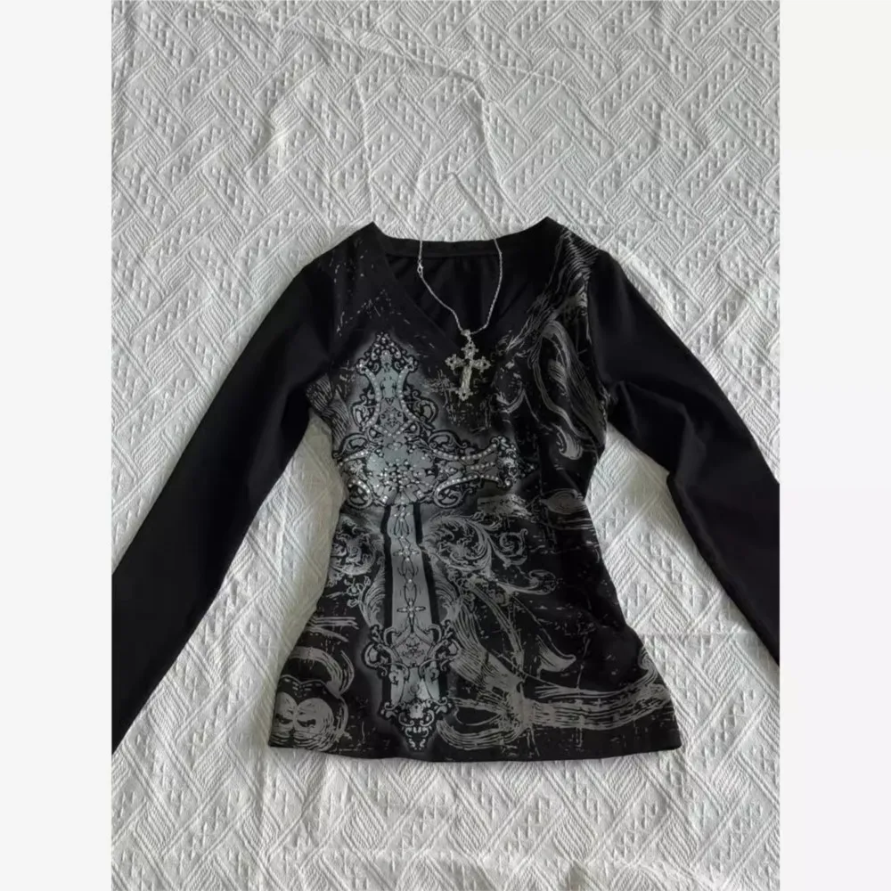 

Y2k Sexy V-neck Long-sleeved T-shirt Spring Summer Women's New Casual Round Neck Black Printed T-shirt Top Ropa Para Mujer