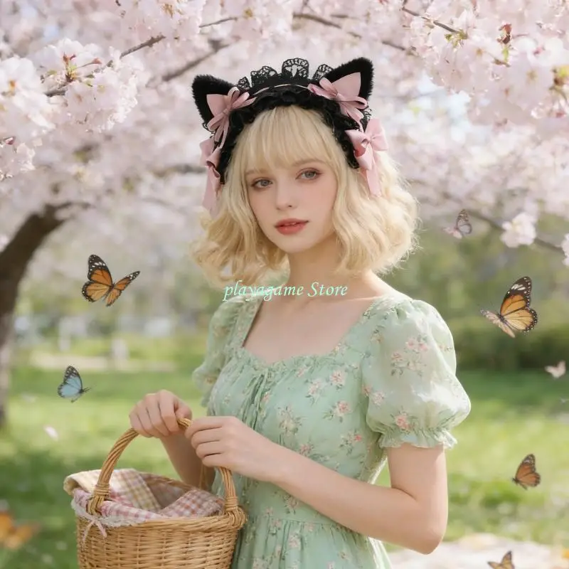 Y88A ผู้หญิงอะนิเมะแถบคาดศีรษะลูกไม้สีดำแม่บ้าน Hairband อุปกรณ์เสริมผมสาว Gothic Headdress สำหรับคอสเพลย์ปาร์ตี้