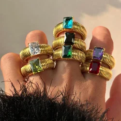 Punk Exaggerate Multicolour Crystal Rings for Women 18K Gold Plated Waterproof Twist Square Thick Ring Hiphop Vintage Jewelry