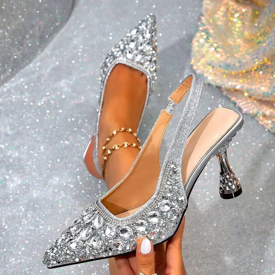 

Sparkly Crystal Pointed Toe Slingback Stiletto Heels For Women - Elegant Dress Pumps For Wedding Party Evening Gala
