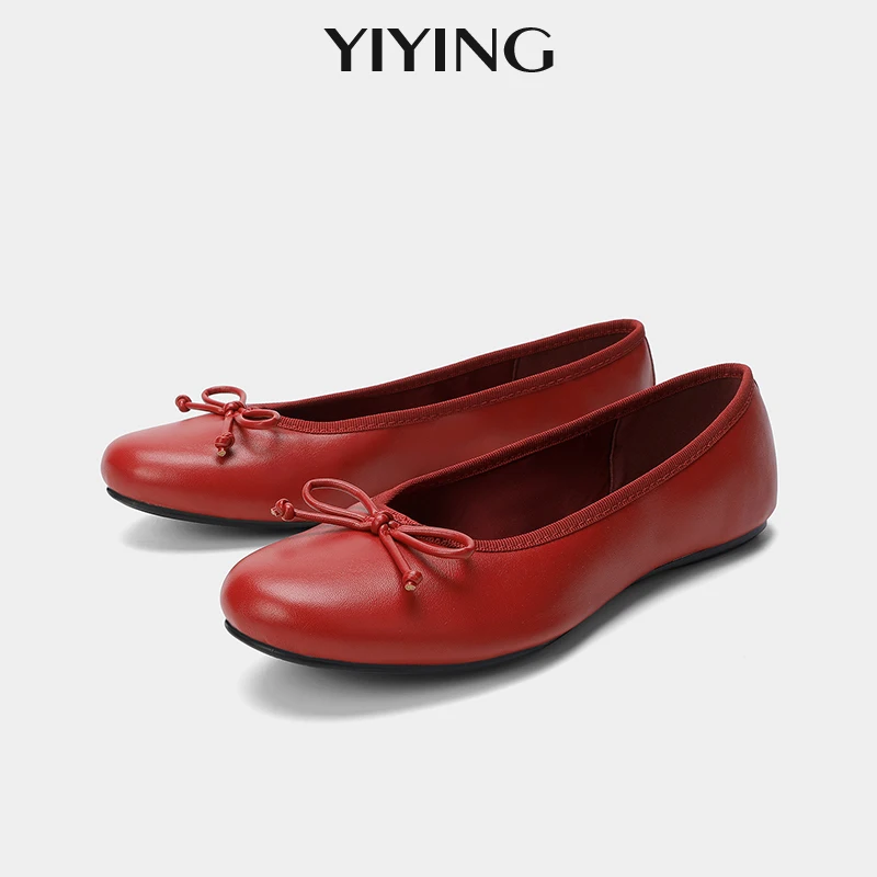 

2026 New Round Toe Flat Shoes Retro Ballet Flats Shoes Red Sweet Bow Shallow Mouth Slip-On Loafers Female