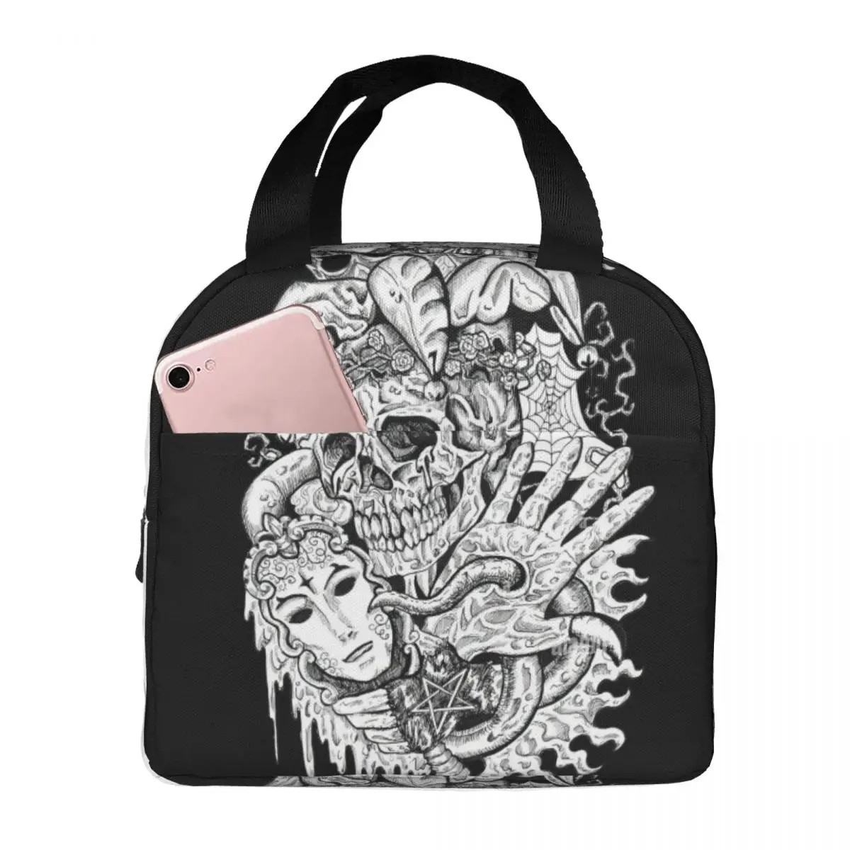 

Black And White Fantasy Joker Skull With Mask And Tentacles Lunch Bag Unisex Portable Cooler Insulated Lunch Box Food Bento Box