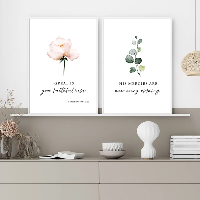 Lamentations 3:23 Bible Verse Watercolor Flowers Canvas Painting Scripture Quotes Posters Wall Art Pictures Bedroom Home Deco