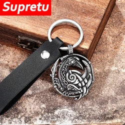 Men Viking Rune Hollow Out Crow Keychain Punk Odin Raven Feather Animal Pendant Stainless Steel Amulet Scandinavian Jewelry Gift