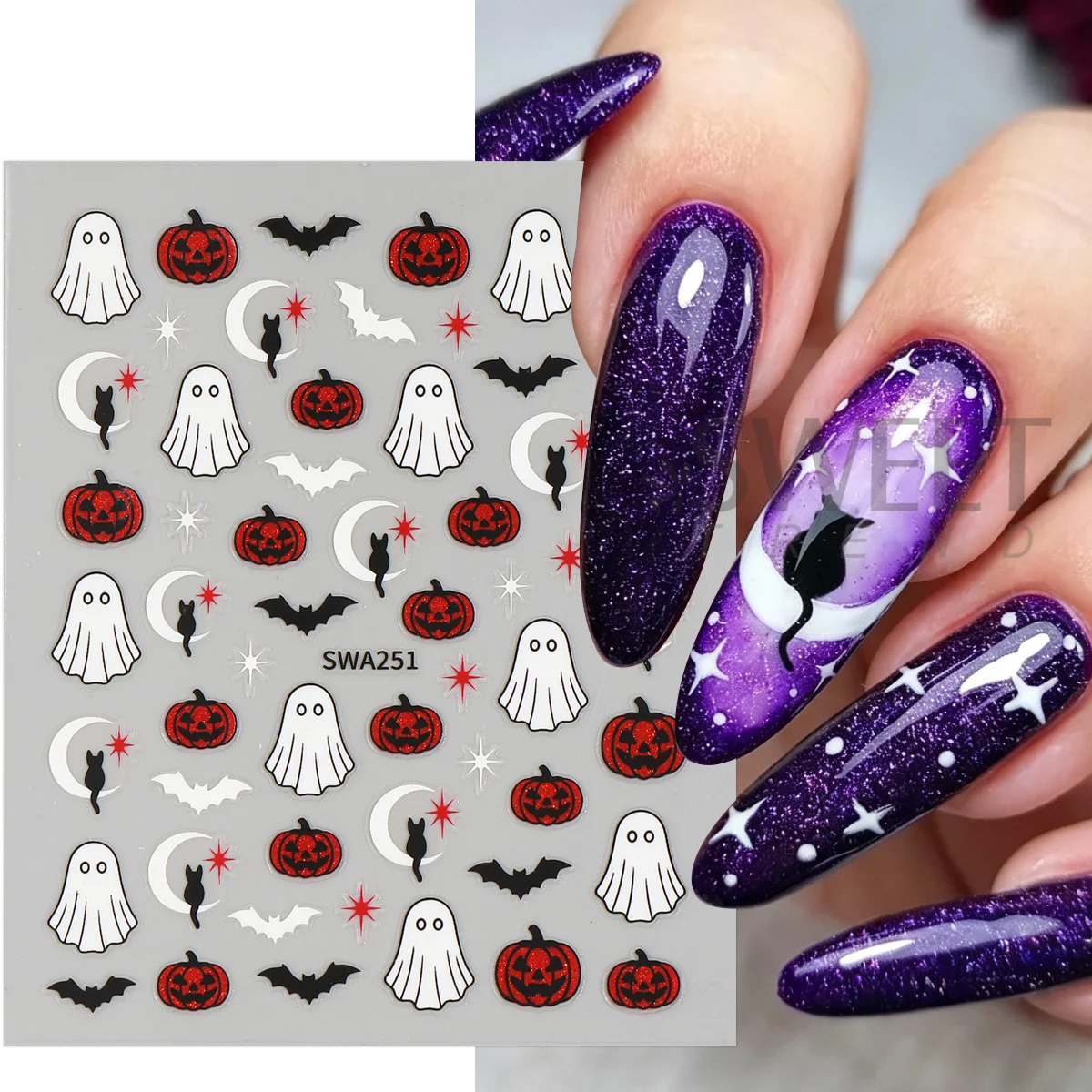 2pcs Shimmer Halloween Ghost Nail Art Stickers Black Cat Moon Bat Star Adhesive Decal Glitter Gothic Holiday Theme Manicure Tips