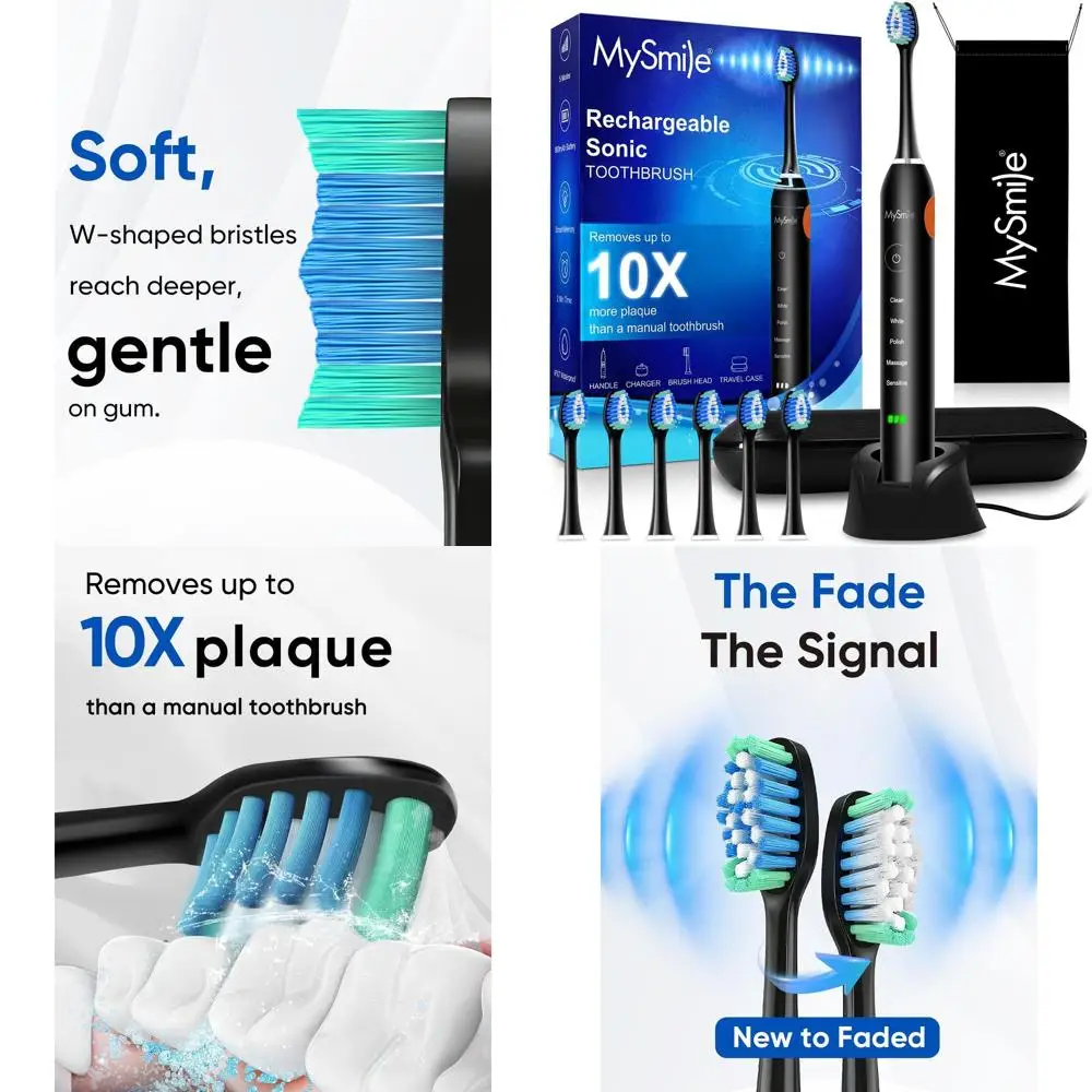 

Rechargeable Sonic Electric Toothbrush for Adults with 6 Heads, Travel Case, 5 Modes, 48000 VPM (Black)
