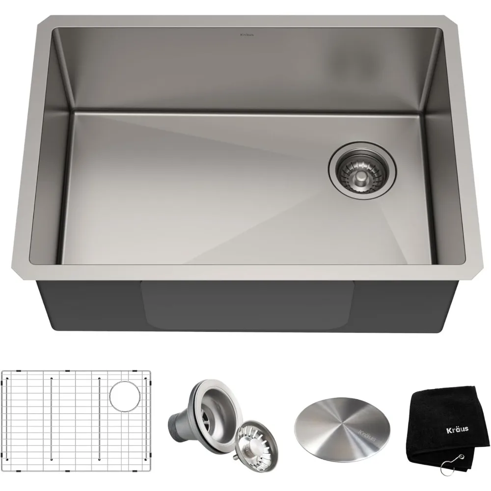 

27-inch 16 Gauge Undermount Single Bowl Set (5 Item Bundle: Sink,Bottom Grid,Assembly, Drain Cap, Kitchen Towel),Stainless Steel