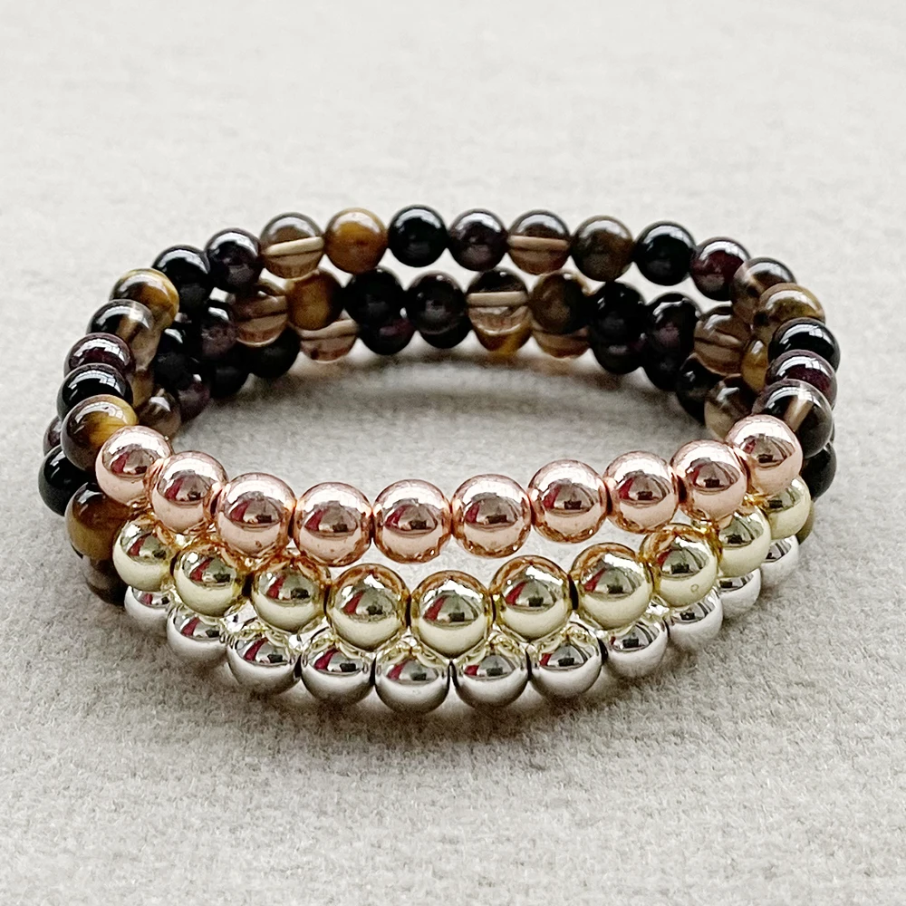 MG2047 New Design 6 MM Garnet Smoky Quartz Black Tourmaline Tiger Eye Gemstone Bracelet Womens Cooper Beads Yoga Wrist Mala