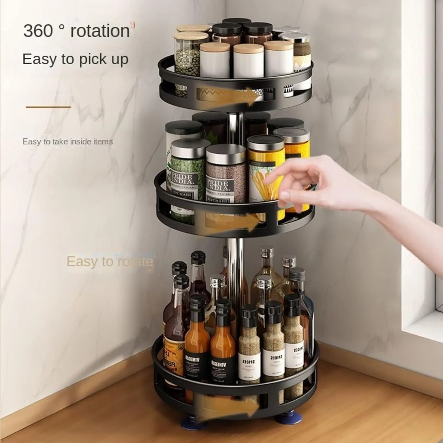 360°Rotating Kitchen Spice Storage Rack Organizer Desktop No Punching Home Multi-layer Round Rotating Spice Bottle Shelf Storage image 3