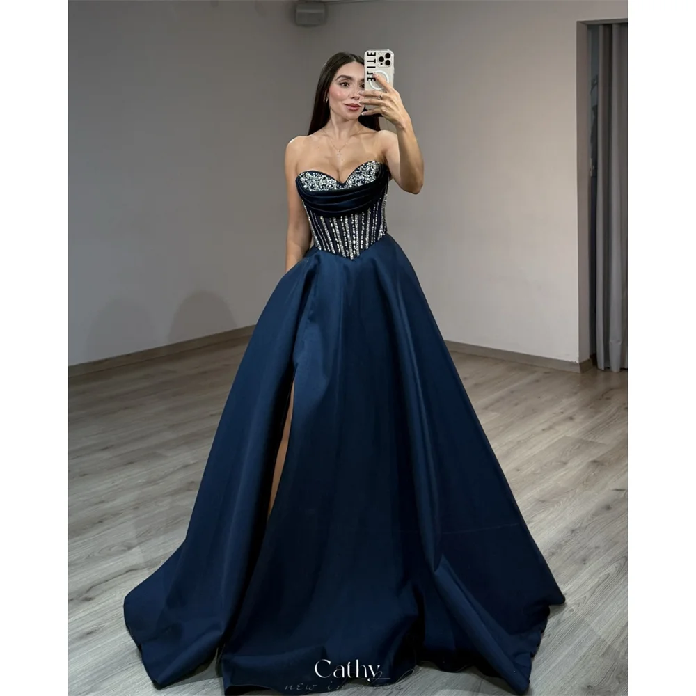 

Cathy, темно-синее роскошное платье для выпускного вечера со стразами, милое трапециевидное платье, платья de noiva, вечерние платья длиной до пола, 2025