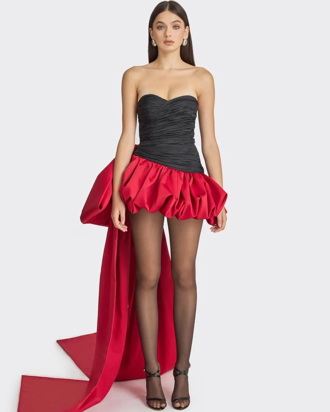 Fashion 2 Colors Mini Dress Black and Red Ruffles Short Prom Party Dresses with Detachable Bow Train Pleated Satin Formal Dress