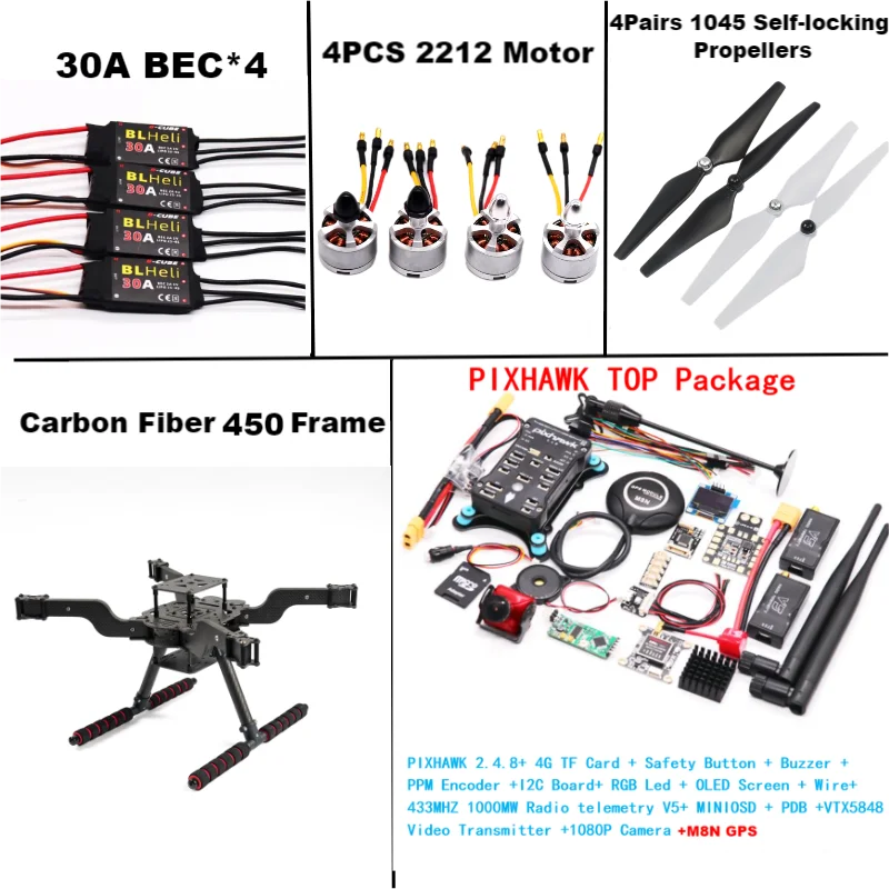

RctoSky PIXHAWK2.4.8 32-bit flight controller autopilot M8N GPS drone FLY450 quadcopter flip frame BLHELI 30A ESC 2212 motor