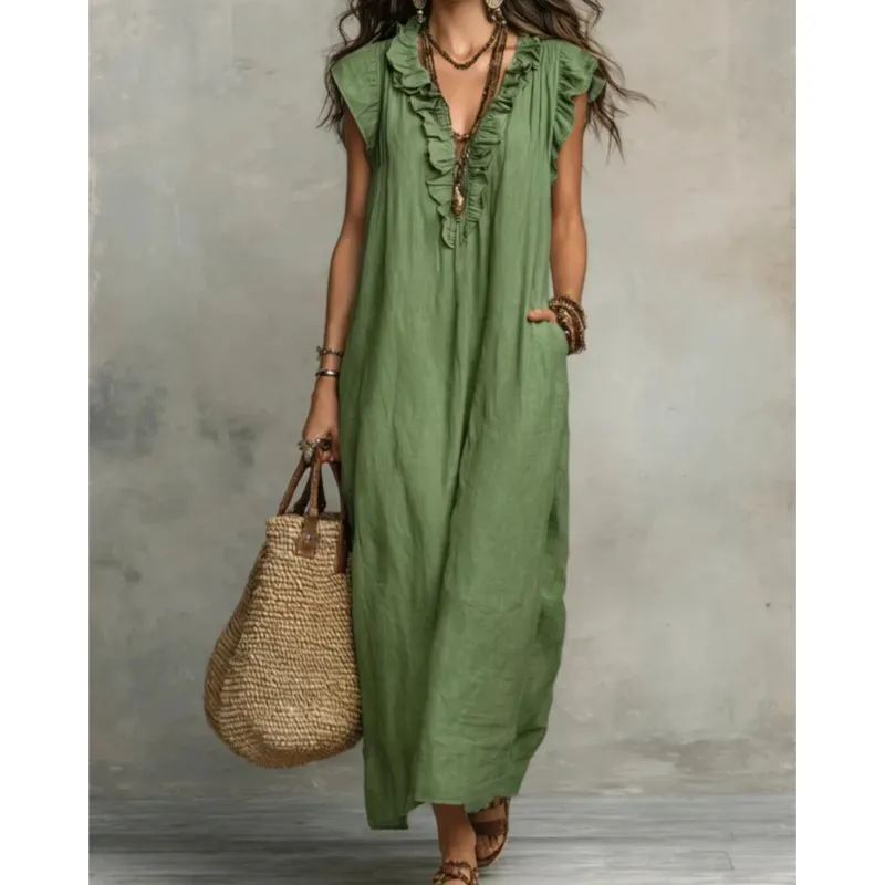 

Female Lace Splicing Design V-neck Dress Summer Fashion Solid Loose Dresses With Pocket Lady Beach Vacation Sleeveless Vestidos