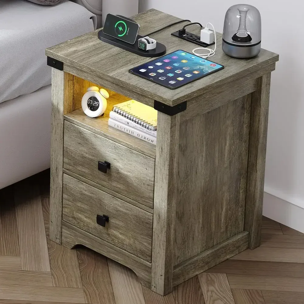 Charging Station Nightstand, LED-lit Armhouse Nightstand, 2-Drawer Rustic Side Table, Wooden Bedroom End Table, Light Rustic Oak
