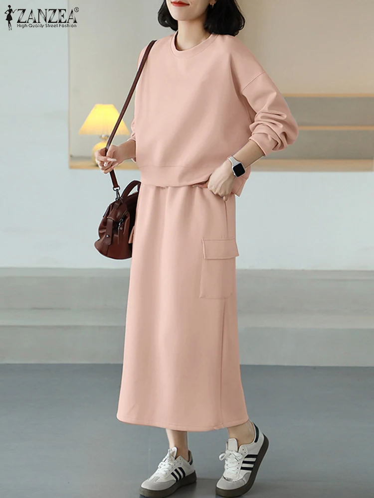 

Women Leisure Matching Outfits 2025 Spring Long Sleeve Tops Elastic Waist Dress Sets ZANZEA Casual Loose Solid Two Piece Suits