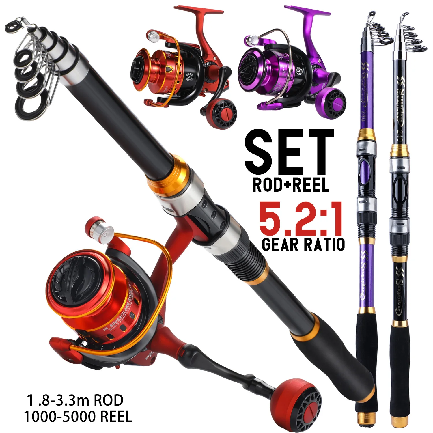 

Sougayilang Spinning Fishing Pole Combo Set 1.8-3.3m Rod and 1000-5000 Reel Kit Full Telecopic Fishing Rod Freshwater Fishing