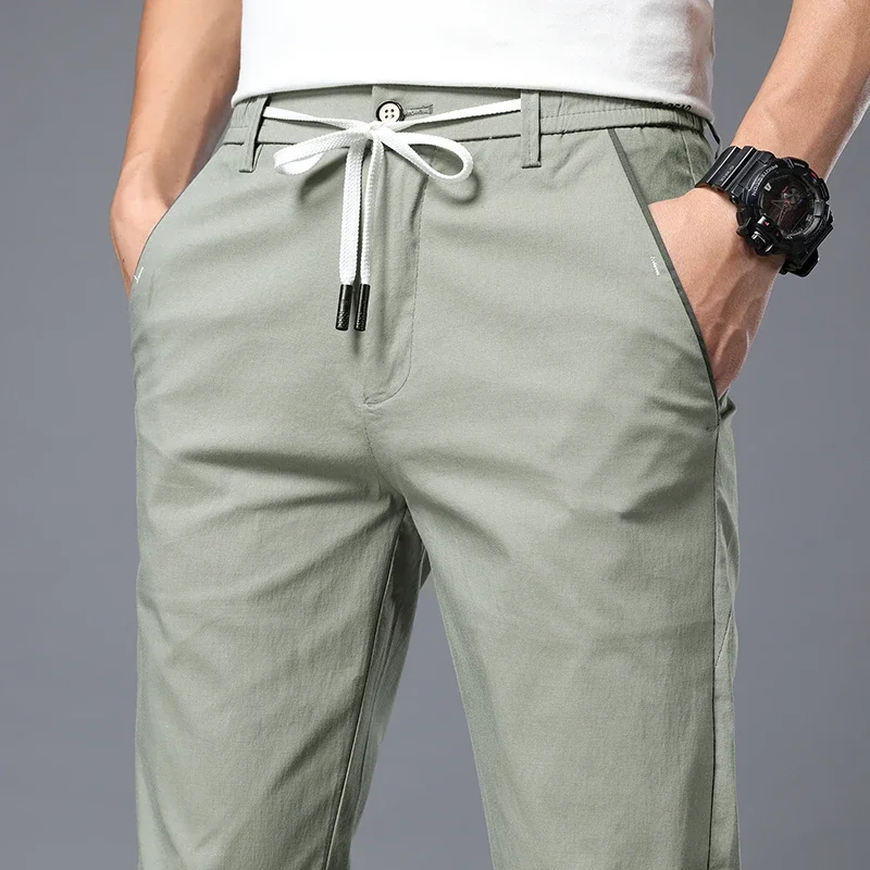 Pantalones informales de pierna recta para hombre, pantalones de negocios delgados con cordón, pantalones clásicos de algodón de Color sólido, Verano