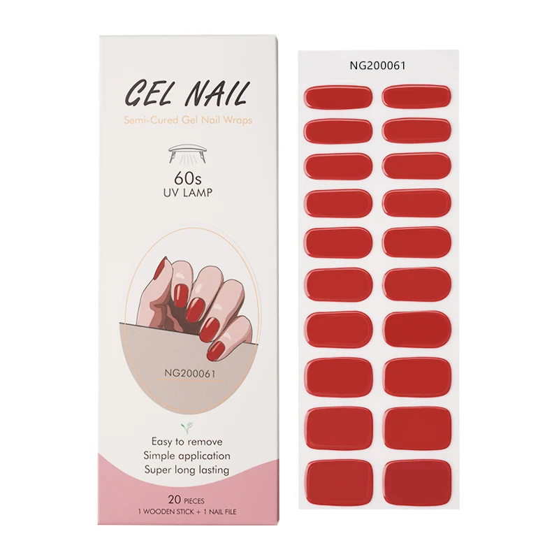 New Year Red Semi Cured Gel Nail Polish Strips French Manicure Nail Wraps Fingertip Artist Girl Beauty Nail Sticker UV Lamp Need