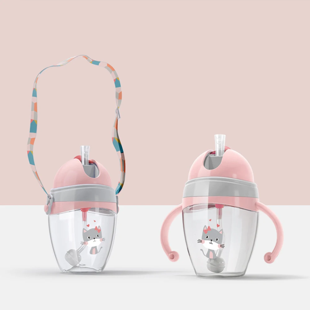 240/320ml Baby Sippy Cup with V-Type Straw Gravity Ball Water Bottle Leak-proof Drinking Handle Shoulder Strap Cup