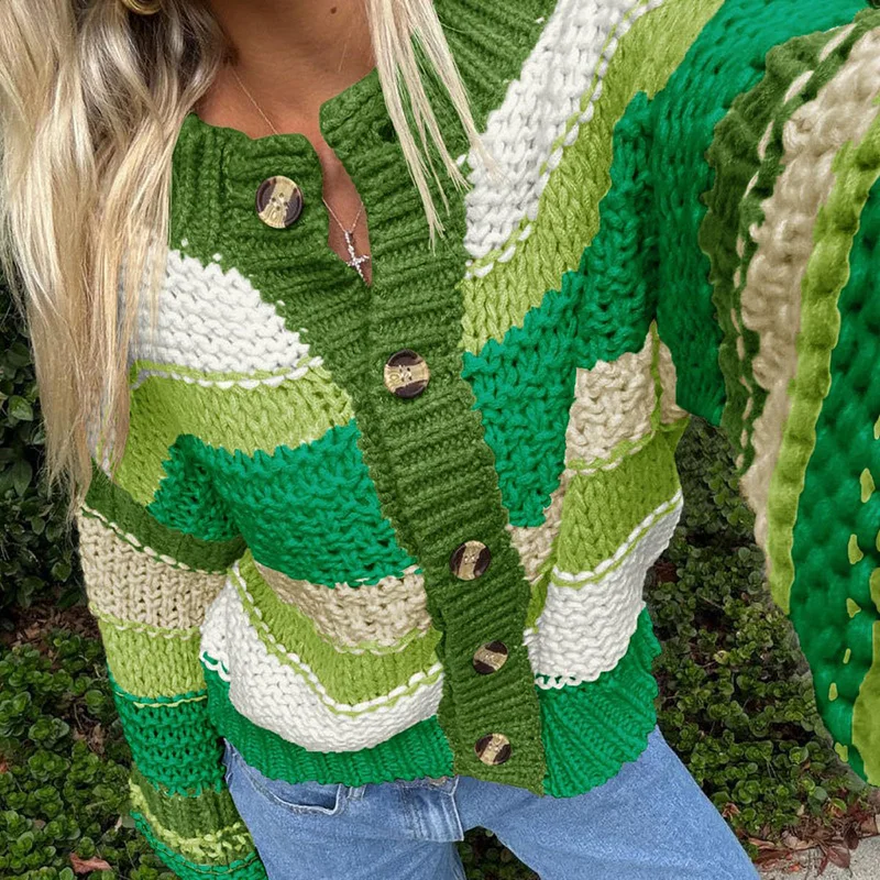 Neue 2025, lässig Oansatz Langarm Pullover Elegante Warme Lose Gestrickte Pullover Gestreiften Kontrast Taste Herbst Winter Pullover