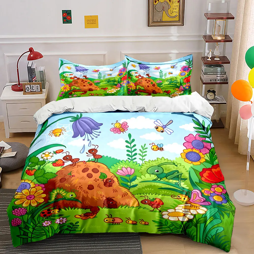 Insects and Natural Scenery Bedding Set for Kids Luxury Gift 3pcs Digital Print Comforter Set Soft Comfortable Breathable