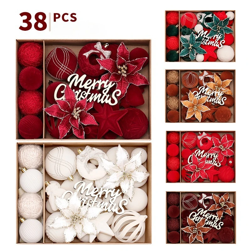 

38pcs Christmas Ball Ornaments Flocking Xmas Tree Star With Flower Christmas Tree Party Decoration Christmas Spheres Pendant