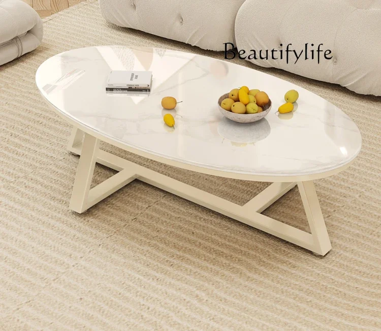 Pure white rock slab coffee table living room household small apartment wabi sabi modern simple cream style oval fashion