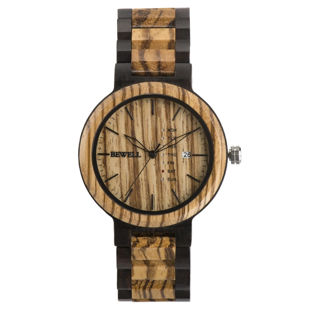Men Zebra Wood Wristwatch Multi-Func Week Date Display Luxury Foldable Buckle Light Handcrafted Wood Watch