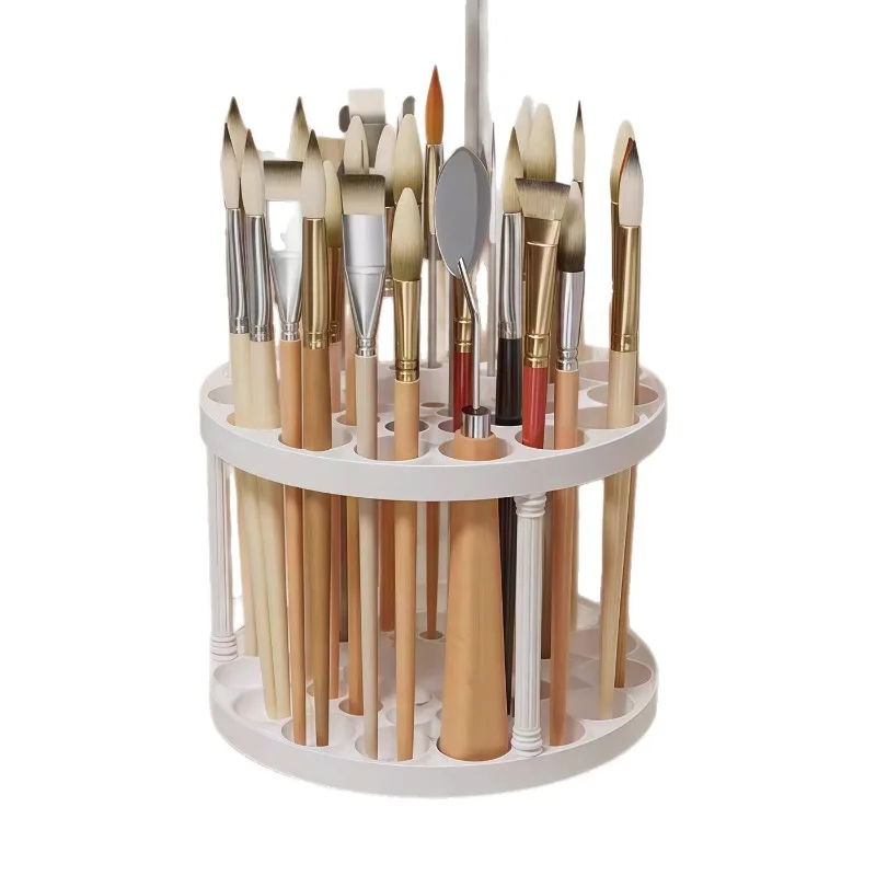 Sleek White Plastic 360° Rotating Brush Holder, Glazed Finish Space‑Saving Desktop Organizer for Art Brushes