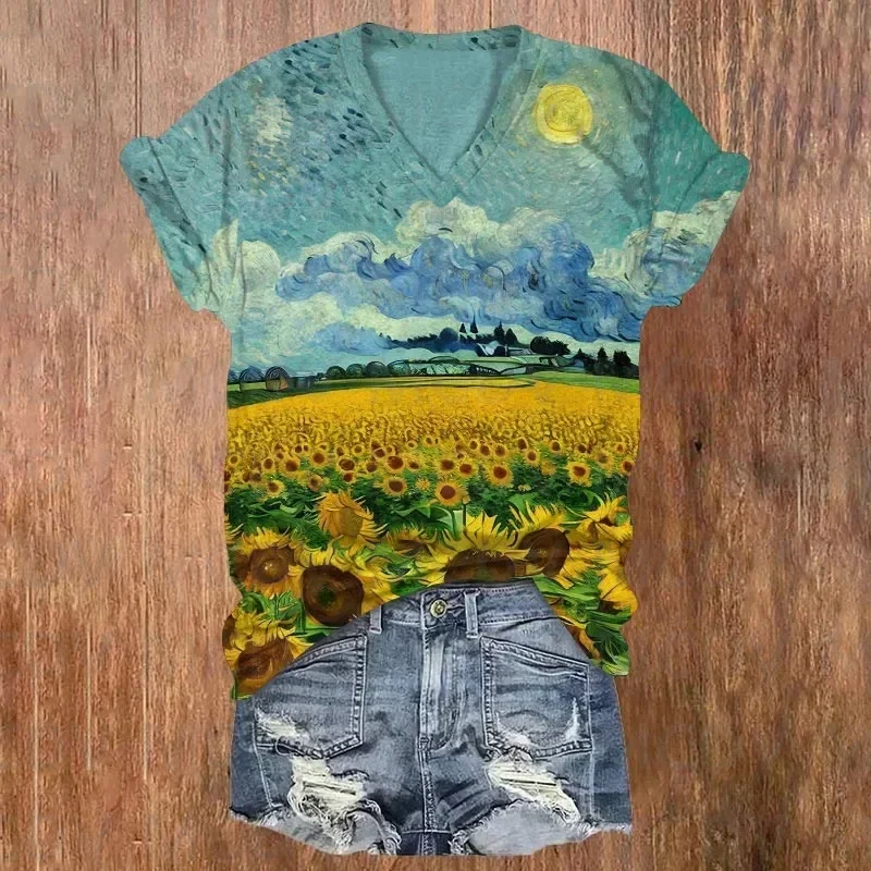 Sunflower Field Oil Painting Art Print Casual V-neck T-shirt 3D All Over Printed T Shirts Sexy Women For Girl Tee Tops shirts