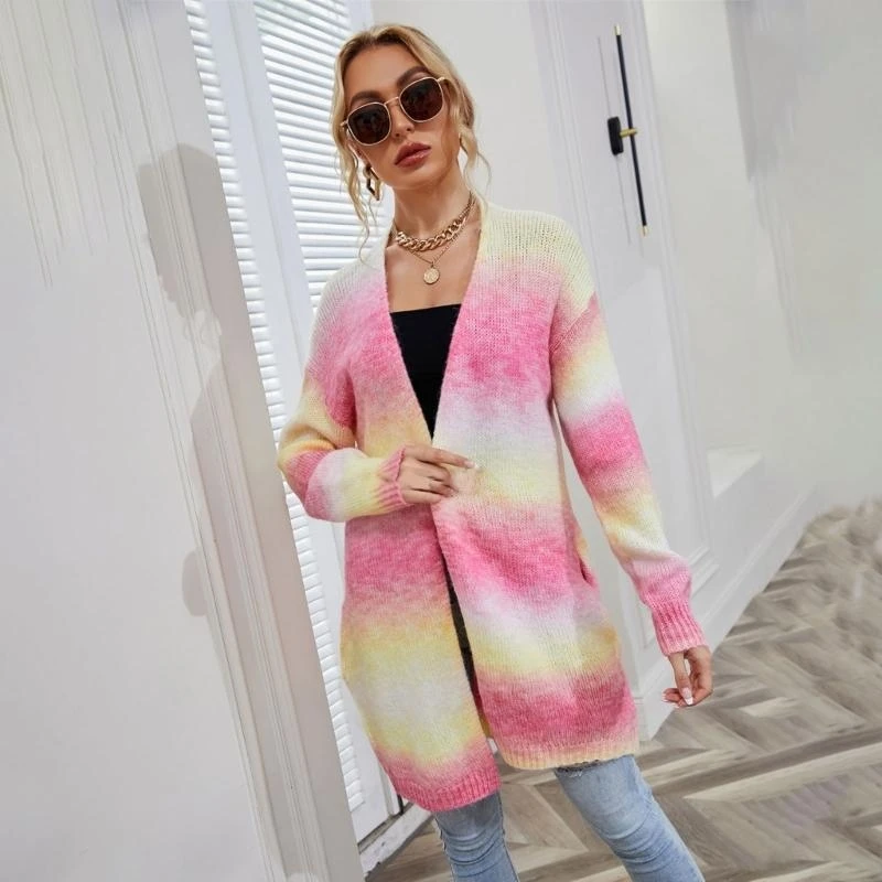 

Womens Open Front Knit Long Sleeve Cardigan Sweater Colorful Gradient Knitwear Jackets Casual Loose Pockets Outwear Coat
