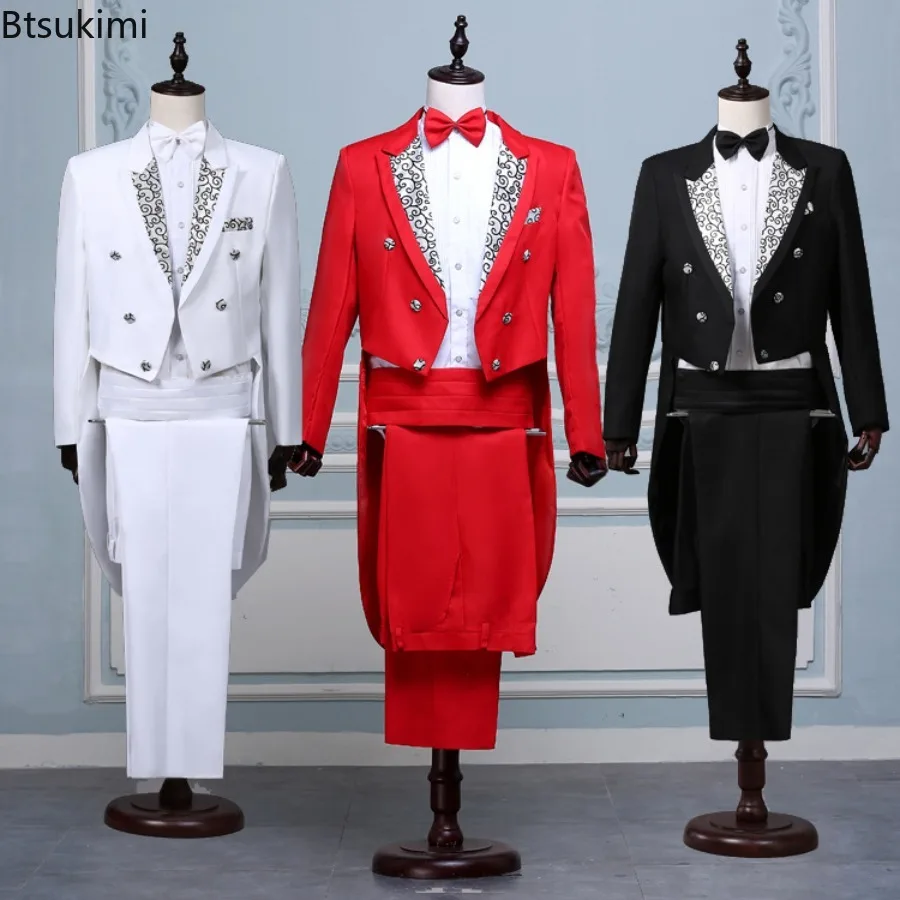 

Men's Tailcoat Sets Luxury Elegant Jacquard Lapel Tail Coats Trousers Stage Singer Costume Vintage Formal Prom Tuxedo Dress Suit