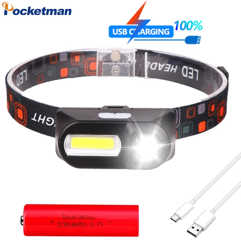 Powerful COB+LED Headlamp 18650 Rechargeable Headlight Waterproof Head Lamp High Lumen Head Flashlight for Camping Cycling