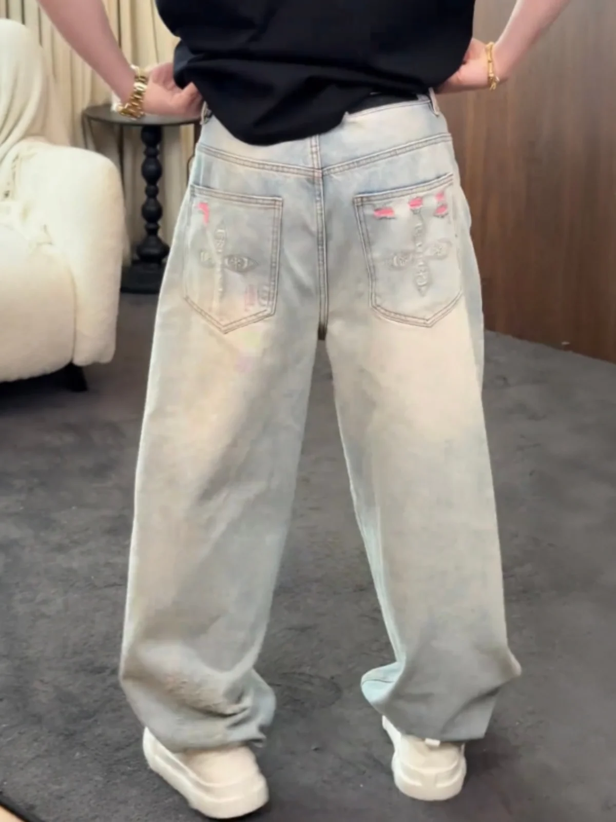 Retro Washed American Summer Trendy Brand Men's Jeans Heavy Embroidery Knife Straight Casual Pants Hole Punching Cotton Polye...