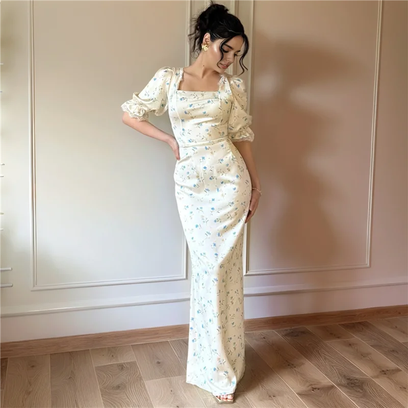 ABRT-여성 캐주얼 여름 스퀘어 넥 퍼프 슬리브 드레스 Boho 꽃 프린트 롱 드레스