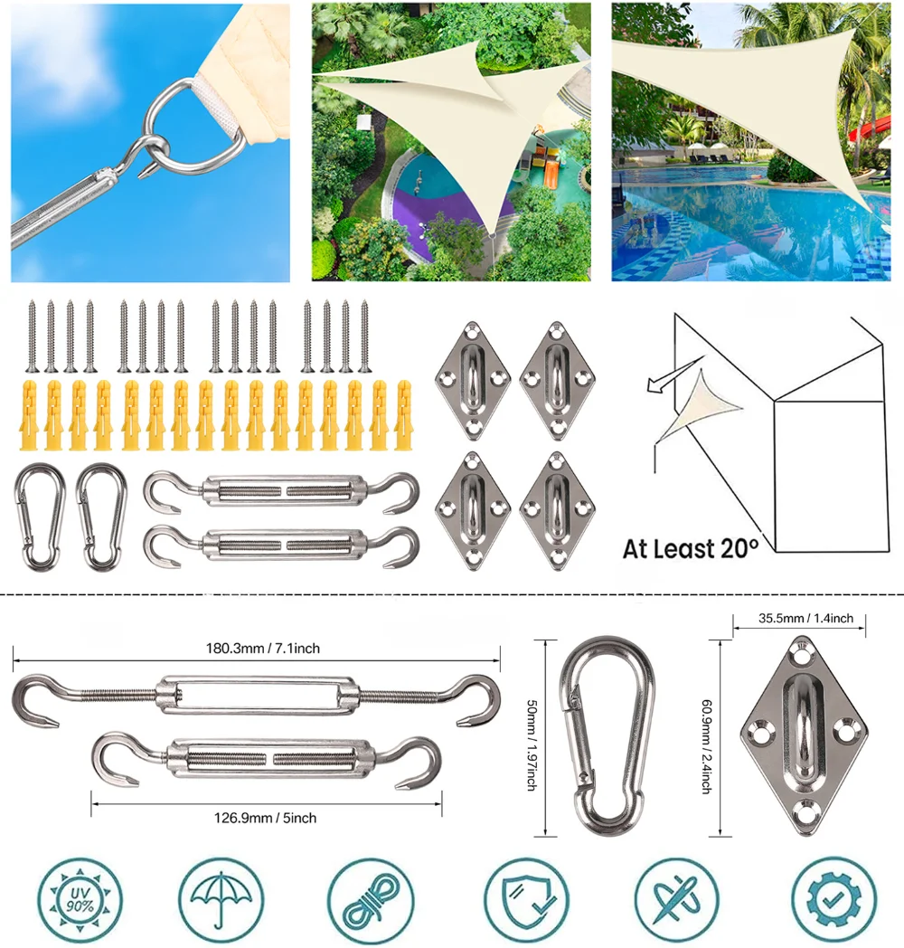 Osłona przeciwsłoneczna z linami mocującymi trójkąt 2/3/3.6/5M baldachim parasol przeciwsłoneczny Premium żagle tkanina zewnętrzna odporna na