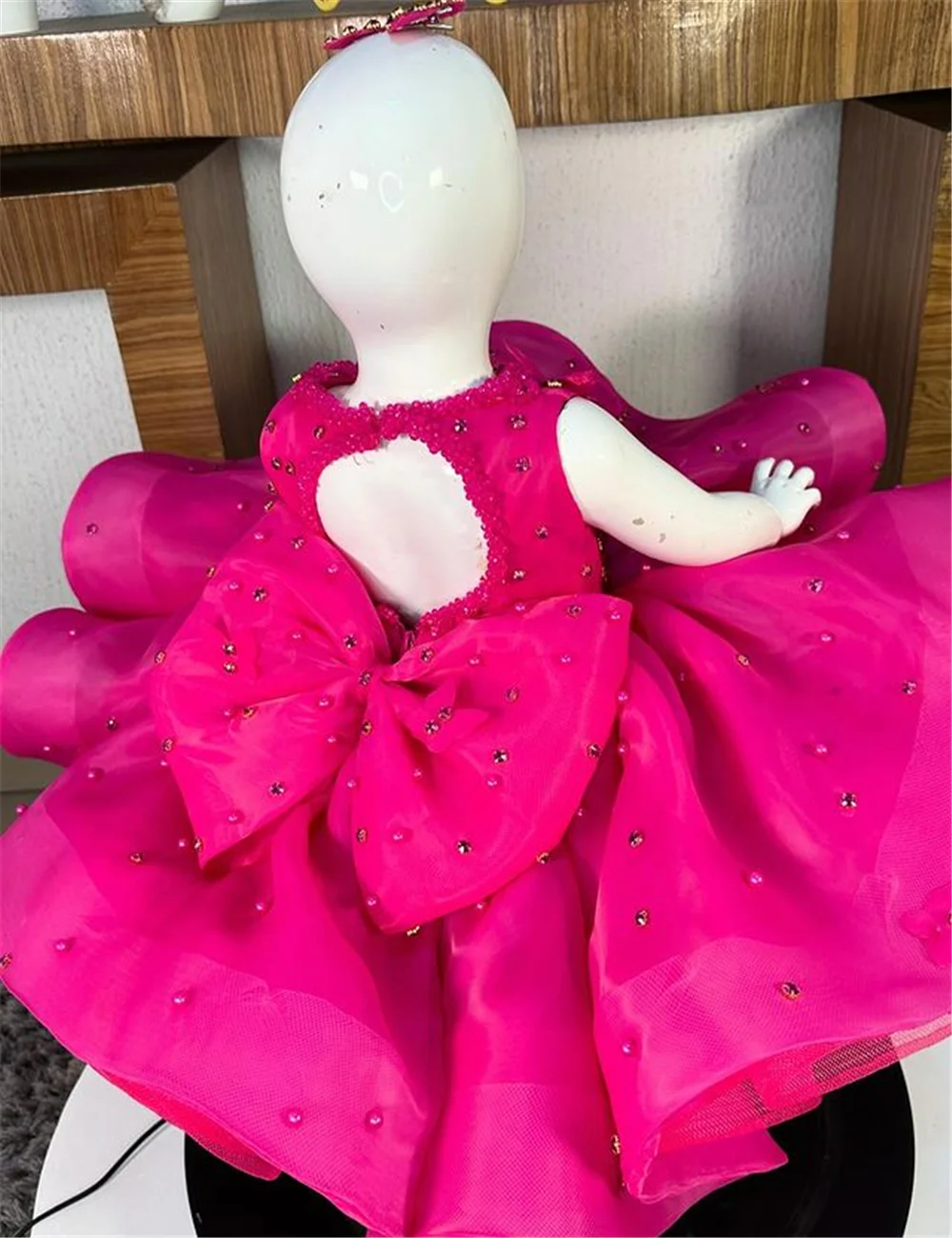 Fluffy Tulle Flower Girls Dress Gem Sequins Layered Lovely Red Baby Bow Formal Dresses Kid Birthday Wedding For Bridesmaids