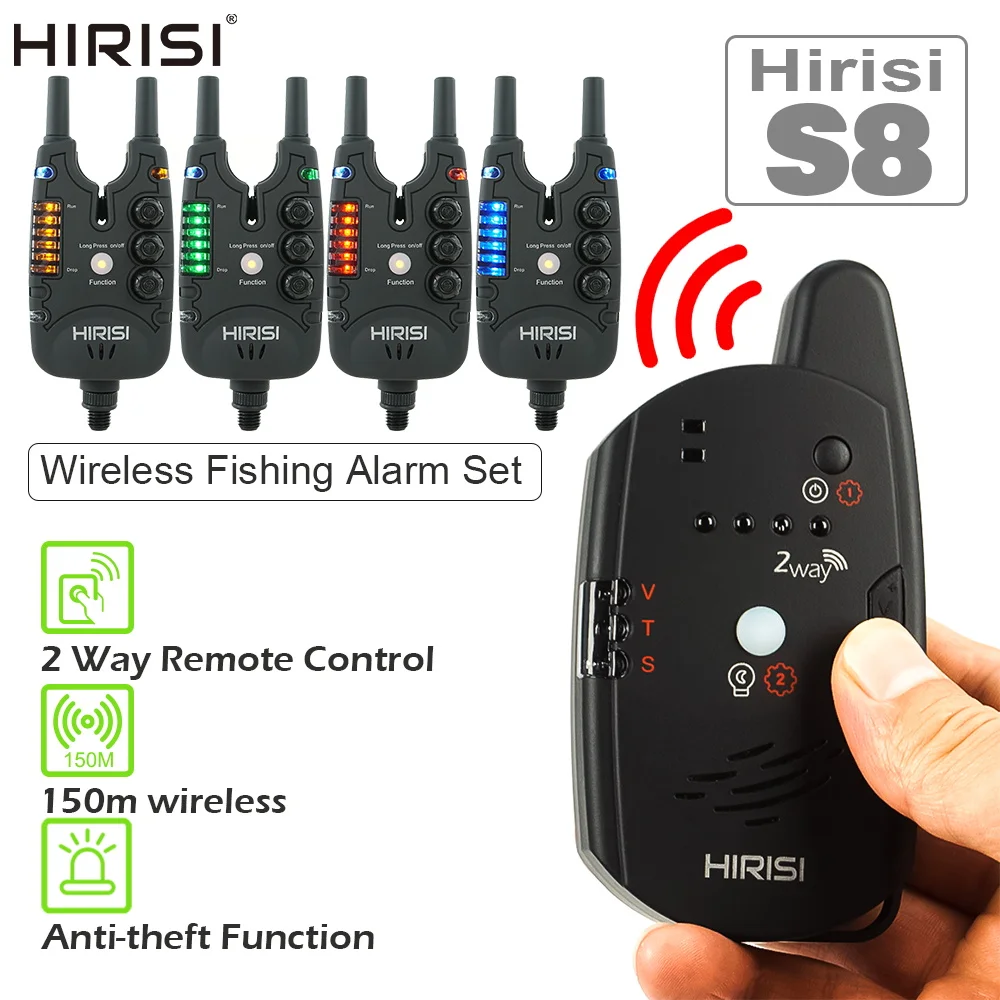 HIRISI S8 Kabelloser Bissanzeiger zum Karpfenangeln, 2-Wege-Fernbedienung mit LED/Tonalarm für Nachtangeln