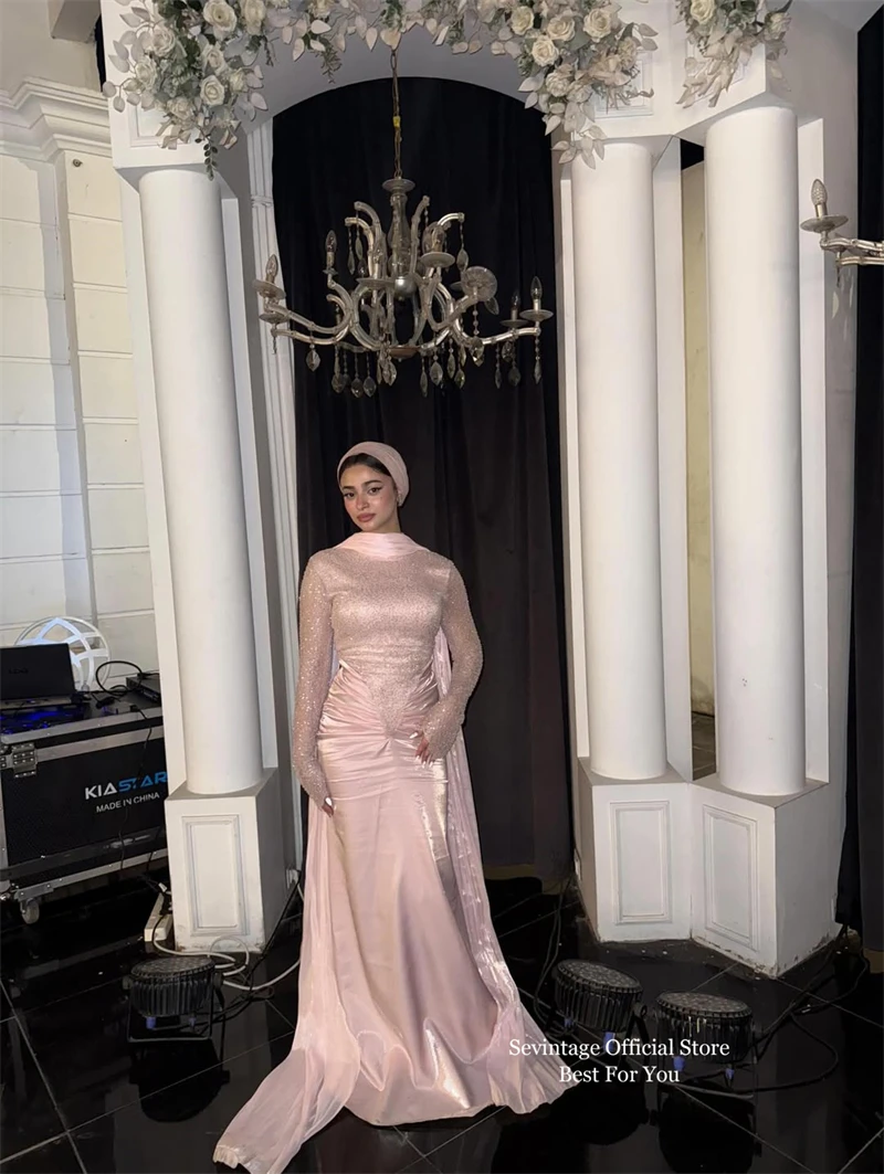 Sevintage-vestidos de noche de sirena con purpurina, color rosa, plisado, mangas completas, vestidos de graduación de lujo, chal, vestido Formal de graduación personalizado