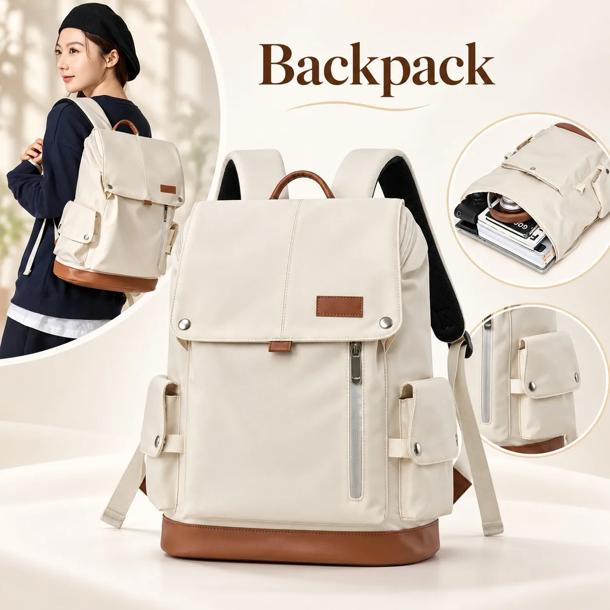 Retro Flap Top Laptop Backpack Large Capacity College School Bag for Men and Women Students Everyday Commuting Travel Daypack