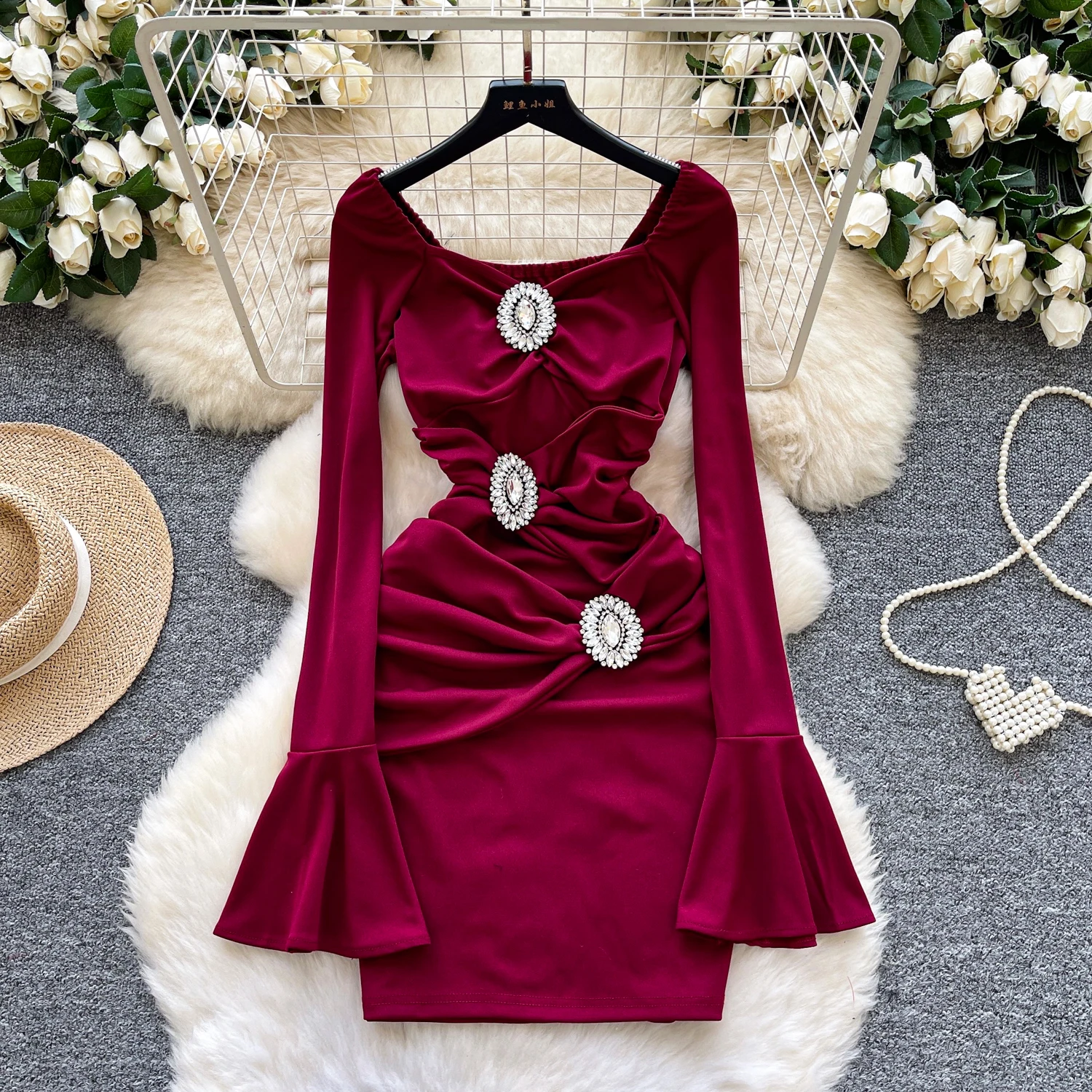 Chic vintage Sexy plissé mince à manches longues fée crayon robe femmes Boho robe d'été robes de cérémonie