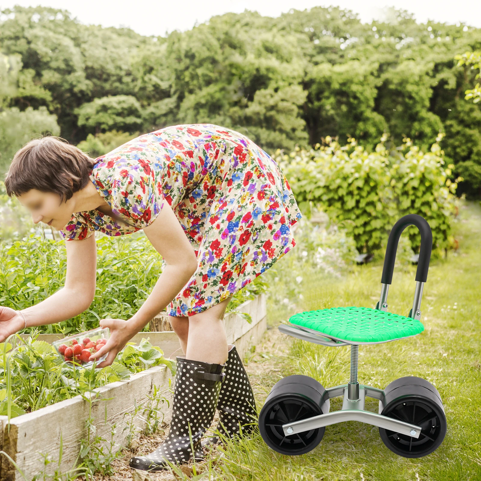 Garden Rolling Stool Workseat with 2 Wheels, Stable Sturdy Cart Adjustable Seat Height and Direction for Gardening