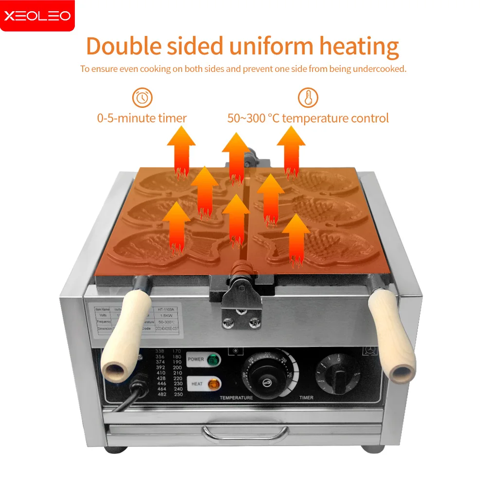 XEOLEO 타이야키 메이커 물고기 모양 와플 메이커 기계, 아이스크림 타이야키 메이커, 붙지 않는 코팅 전기 가스, 1400W, 3 개