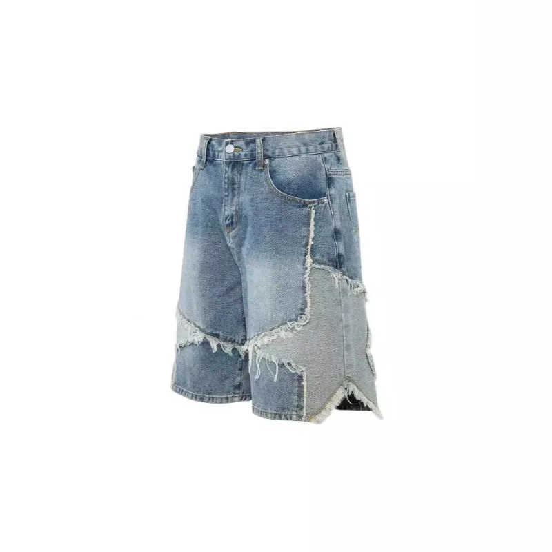 Men's and Women's Autumn Spring Cropped Pants Denim Five-Point Star Patchwork Straight Leg Simple Comfortable Soft Casual Design