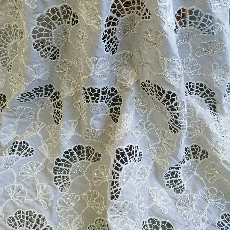 

High-end laser rhinestone sequin 3D lace embroidery fabric hollow ginkgo leaves for clothing handmade sewing fabric