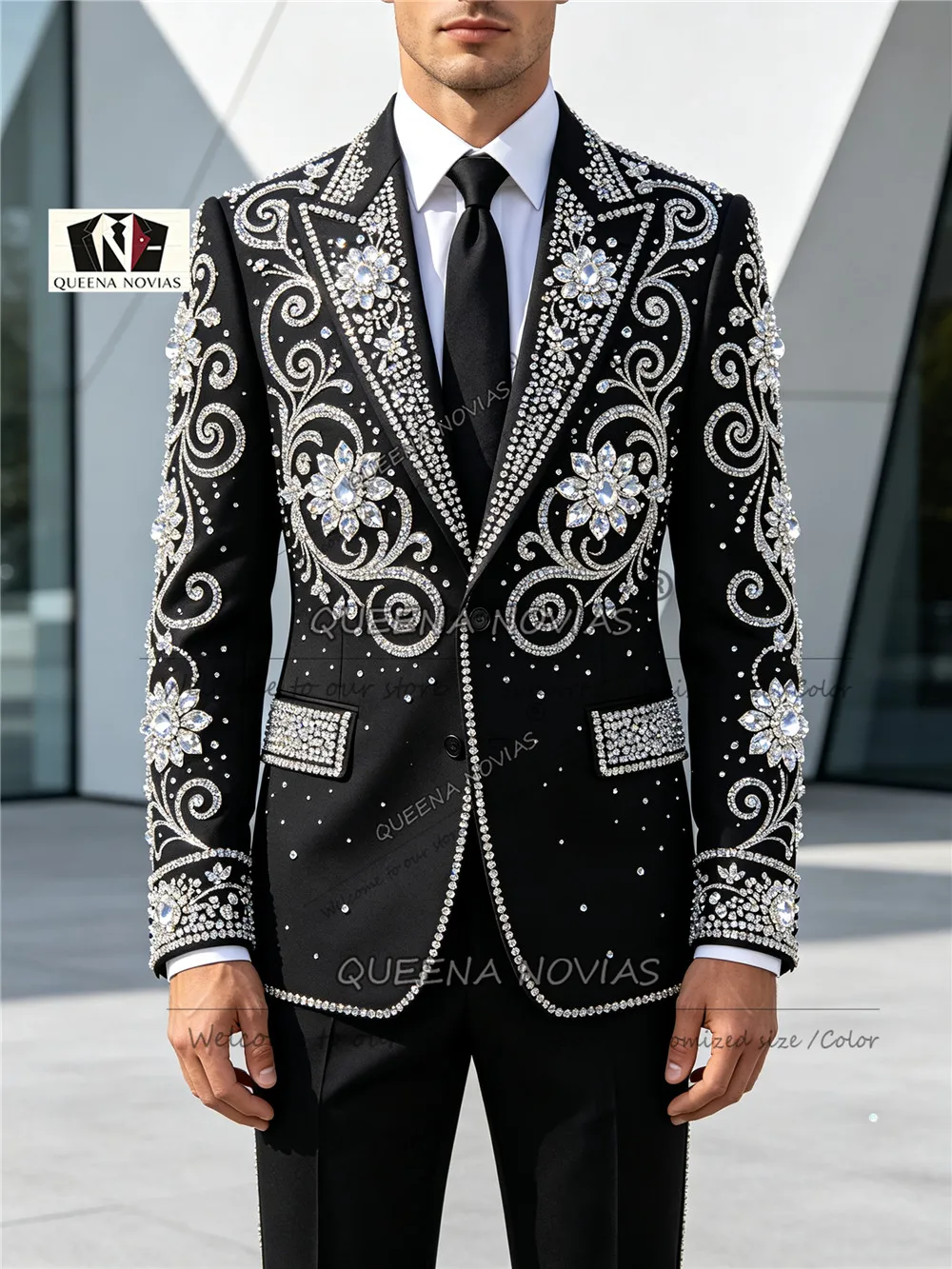 Attractive Men's Suit Diamond Beaded Flowers Jacket Trousers 2 Pieces Sets Unique Design Groom Wedding Tuxedos Customized Outfit