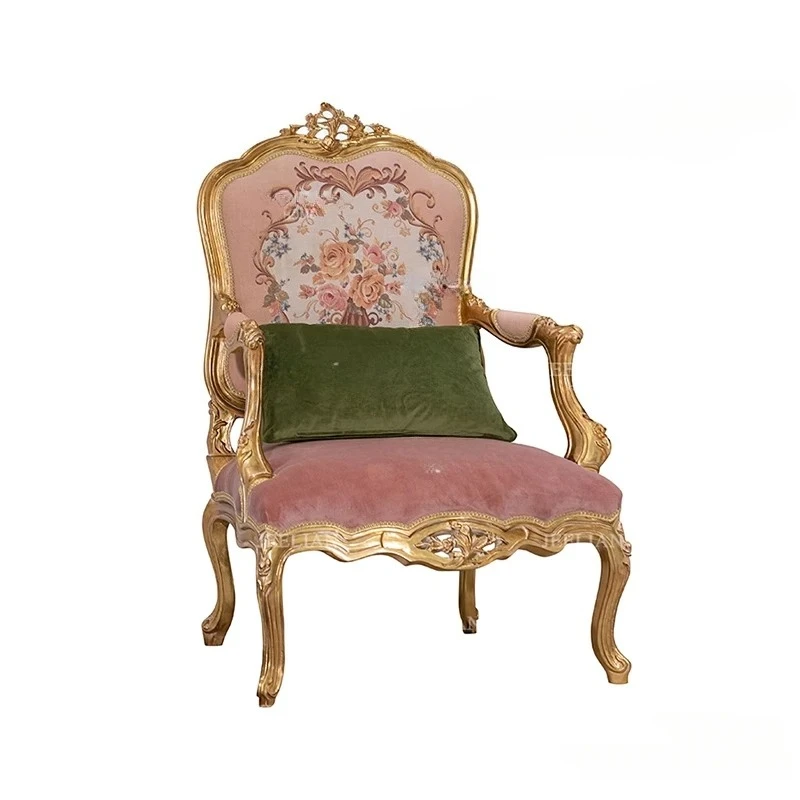 

French solid wood carved single chair villa living room balcony pink romantic leisure chair