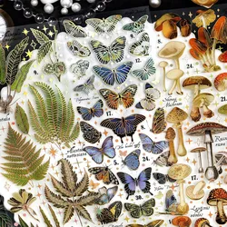 3 Pcs Wild Plants Mushroom Butterfly Stickers PET Vintage Stickers For Scrapbooking Journal Album Laptop Card Making