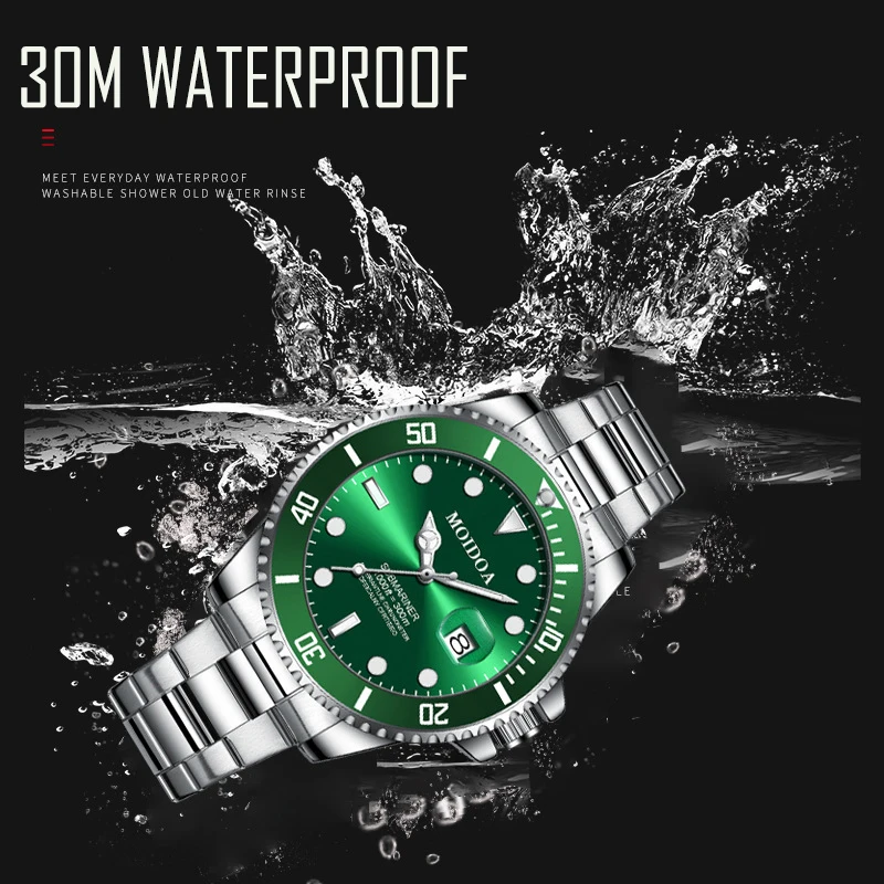 ساعة رياضية رجالية متعددة الوظائف بتقويم مضيء باللون الأخضر مقاومة للماء بآلية كوارتز بسوار فولاذي مع علبة مجوفة