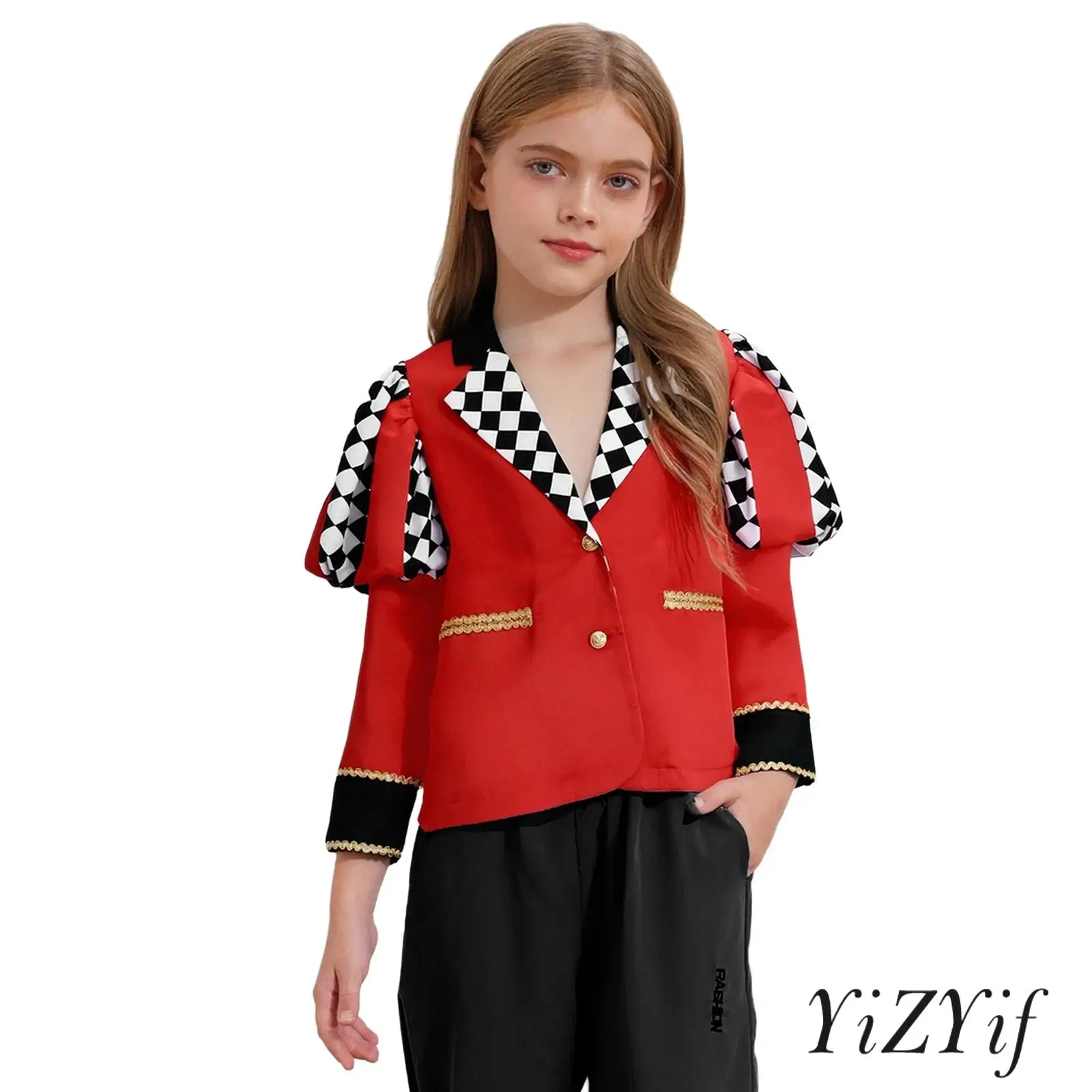 

Children Girls Luxe Contrast Coat Turn-Down Collar Gold Webbed Accents Puff Sleeve Festival Gown Princess Queen Cosplay Jacket